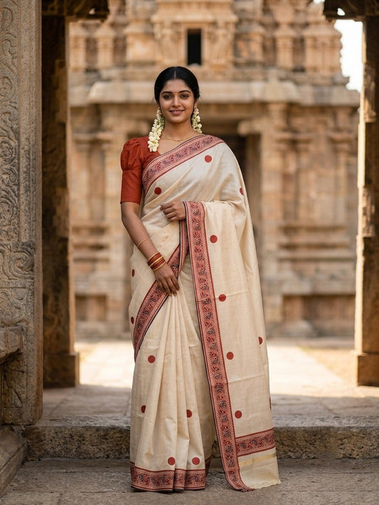 Southloom Kerala Tissue Plain Saree With Brike Red Polk Dots on Body and Floral Digital Prints in Borders
