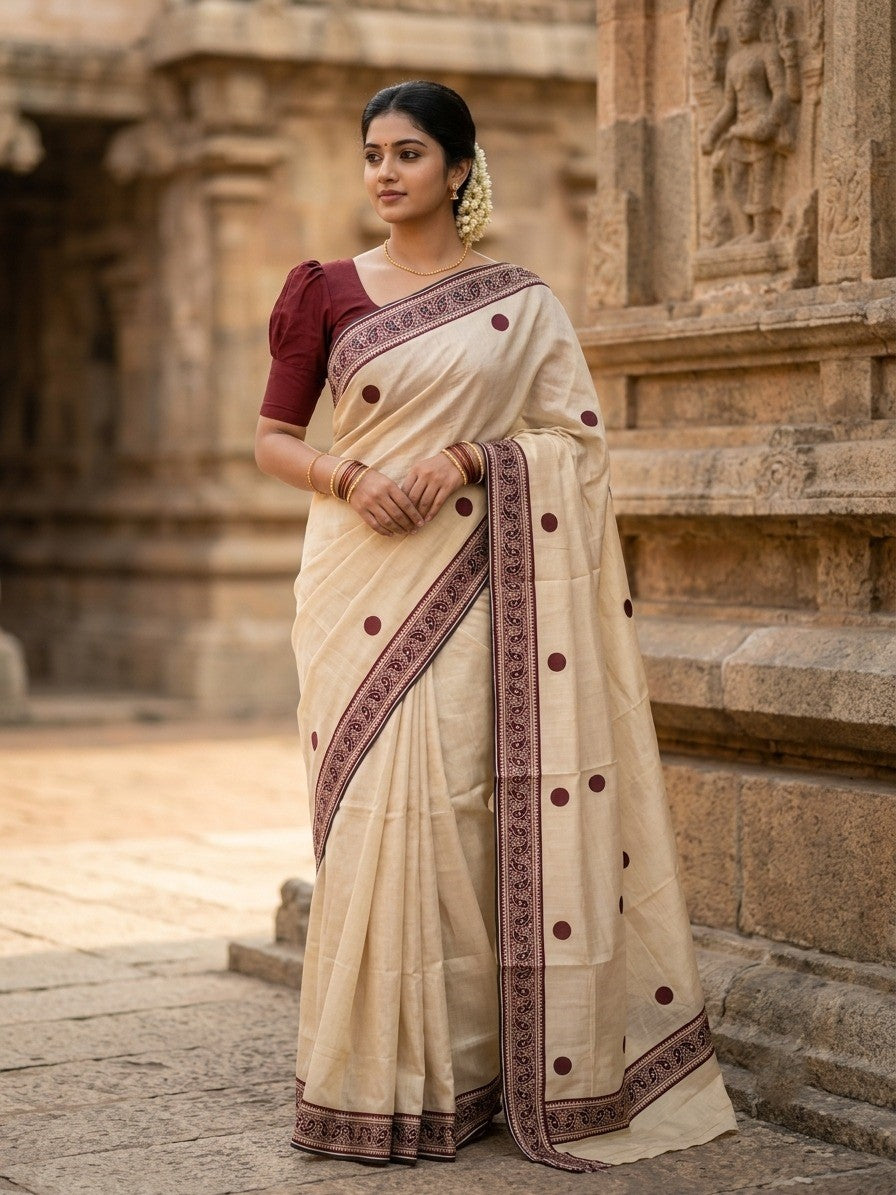 Southloom Kerala Tissue Plain Saree With Maroon Polk Dots on Body and Floral Digital Prints in Borders