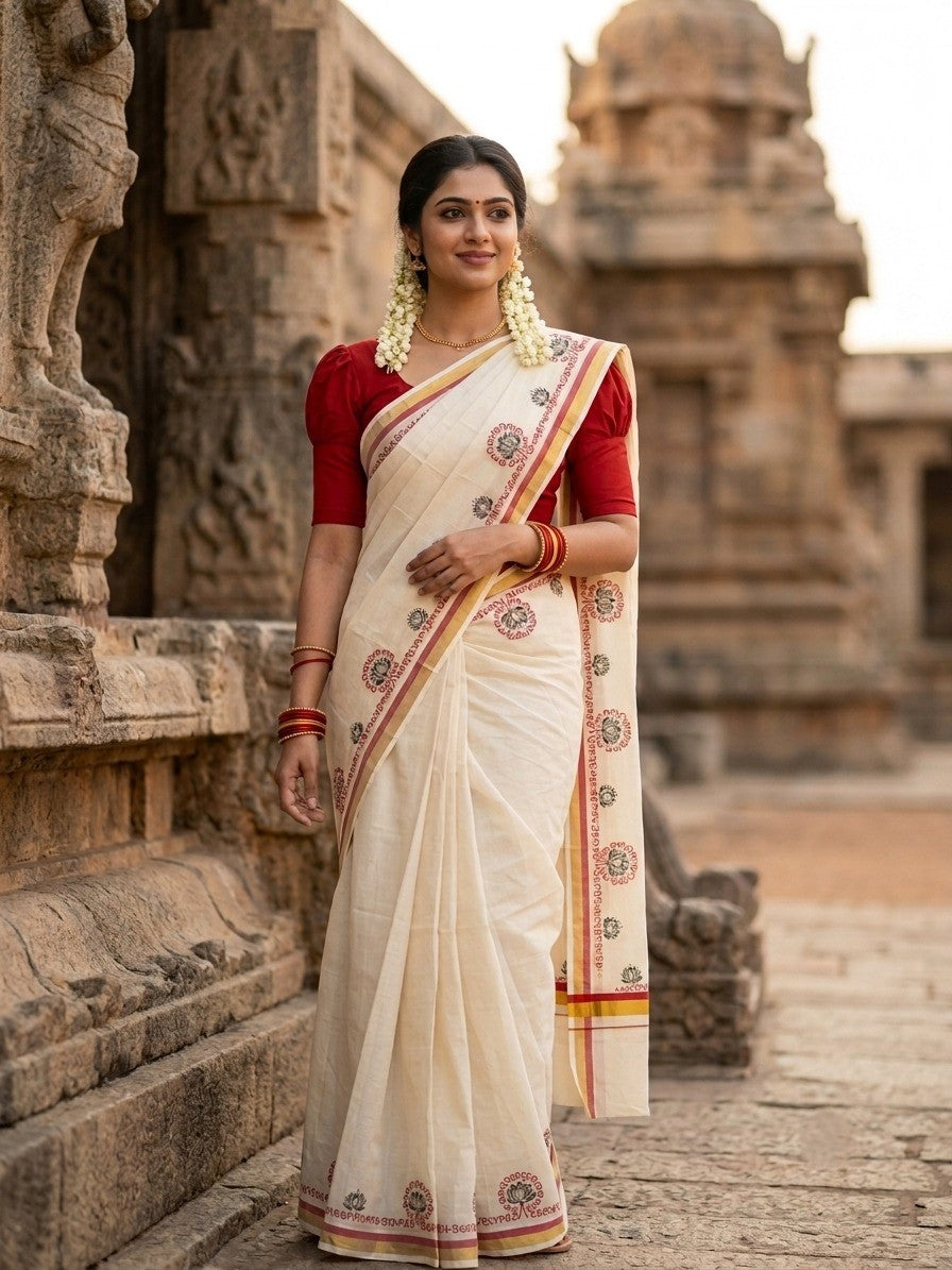 Southloom Kerala Cotton Saree with With Red &Black Floral Digital Prints Borders