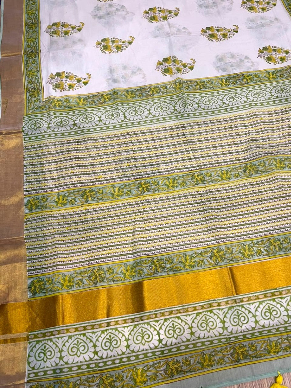 Southloom Cotton Kerala Kasavu Saree with Jaipur Block Printed on Body And Borders SL561