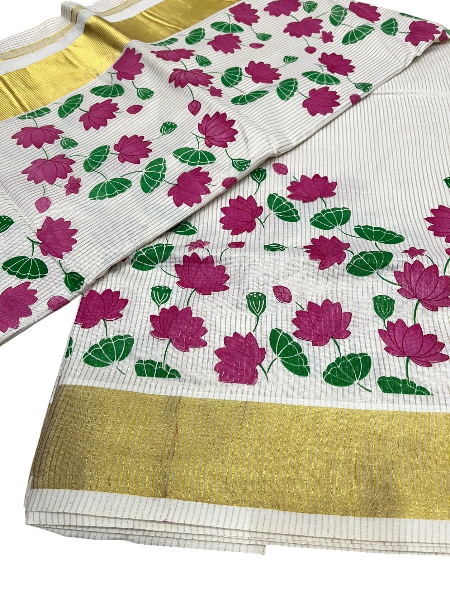 Southloom Kerala Cotton Microstripes Saree with Digital Print Lotus Design SL562