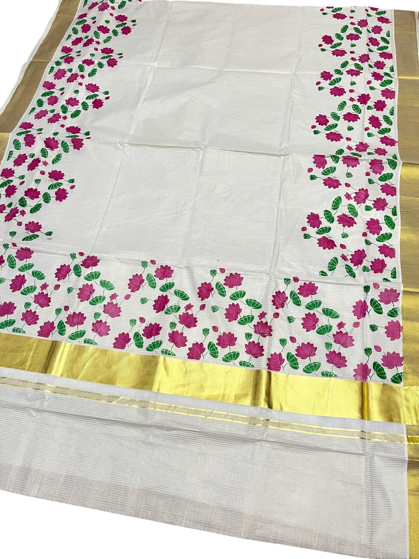Southloom Kerala Cotton Microstripes Saree with Digital Print Lotus Design SL562