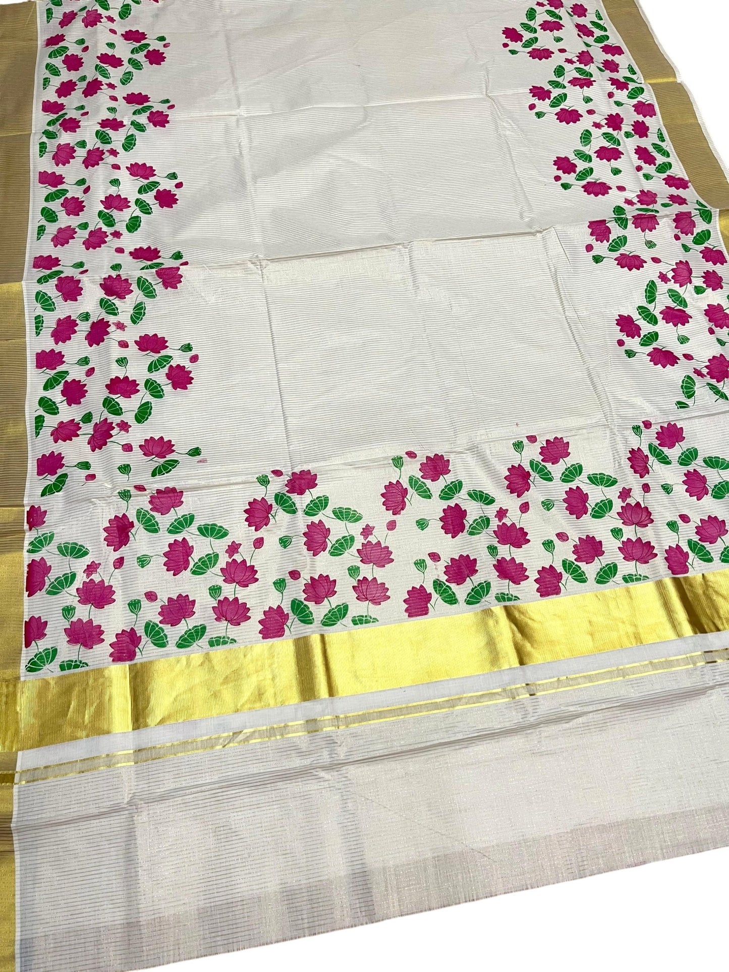 Southloom Kerala Cotton Microstripes Saree with Digital Print Lotus Design SL562