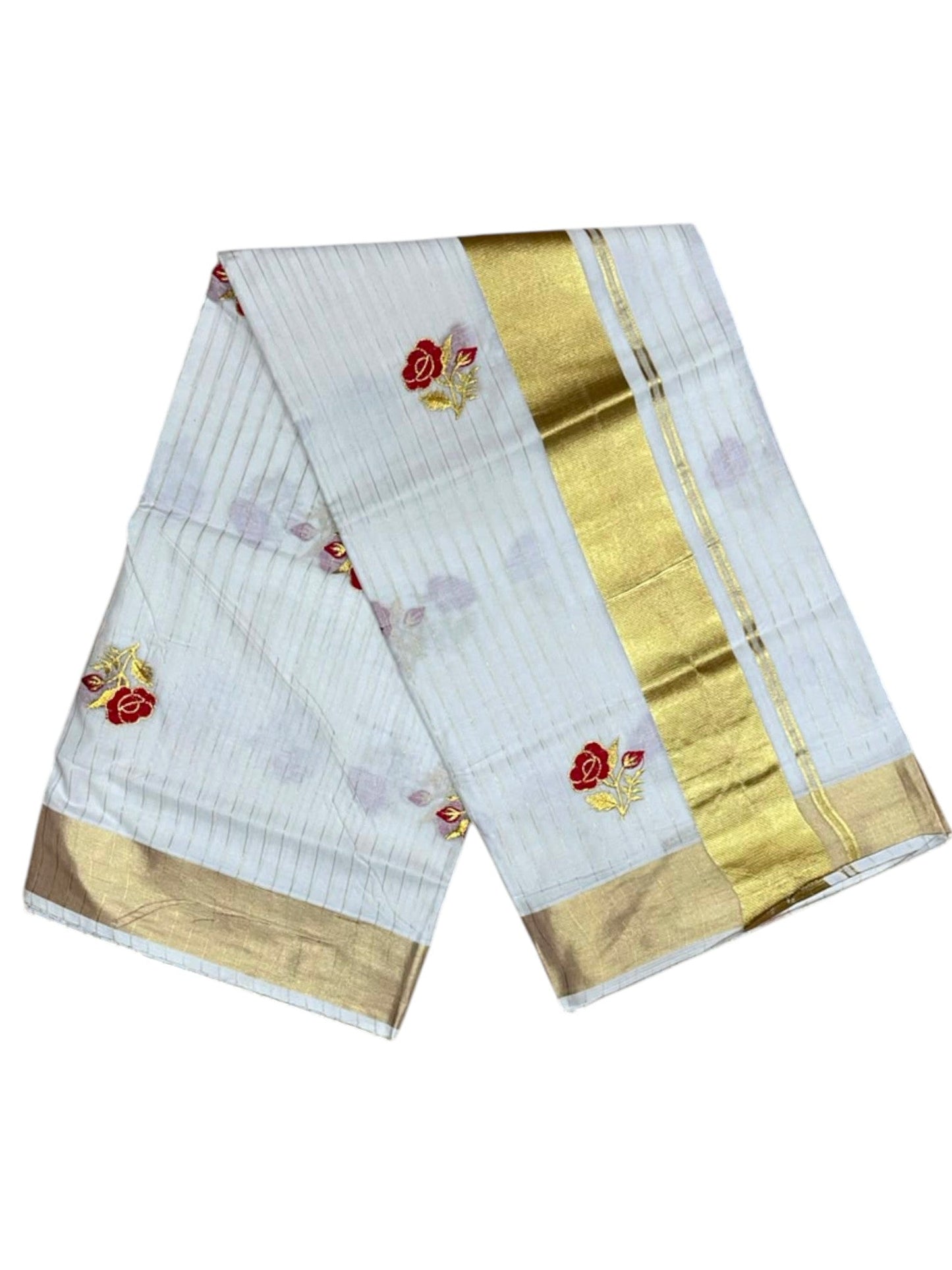 Southloom Kerala Cotton Kasavu Line Saree with Red Floral Embroidery Works