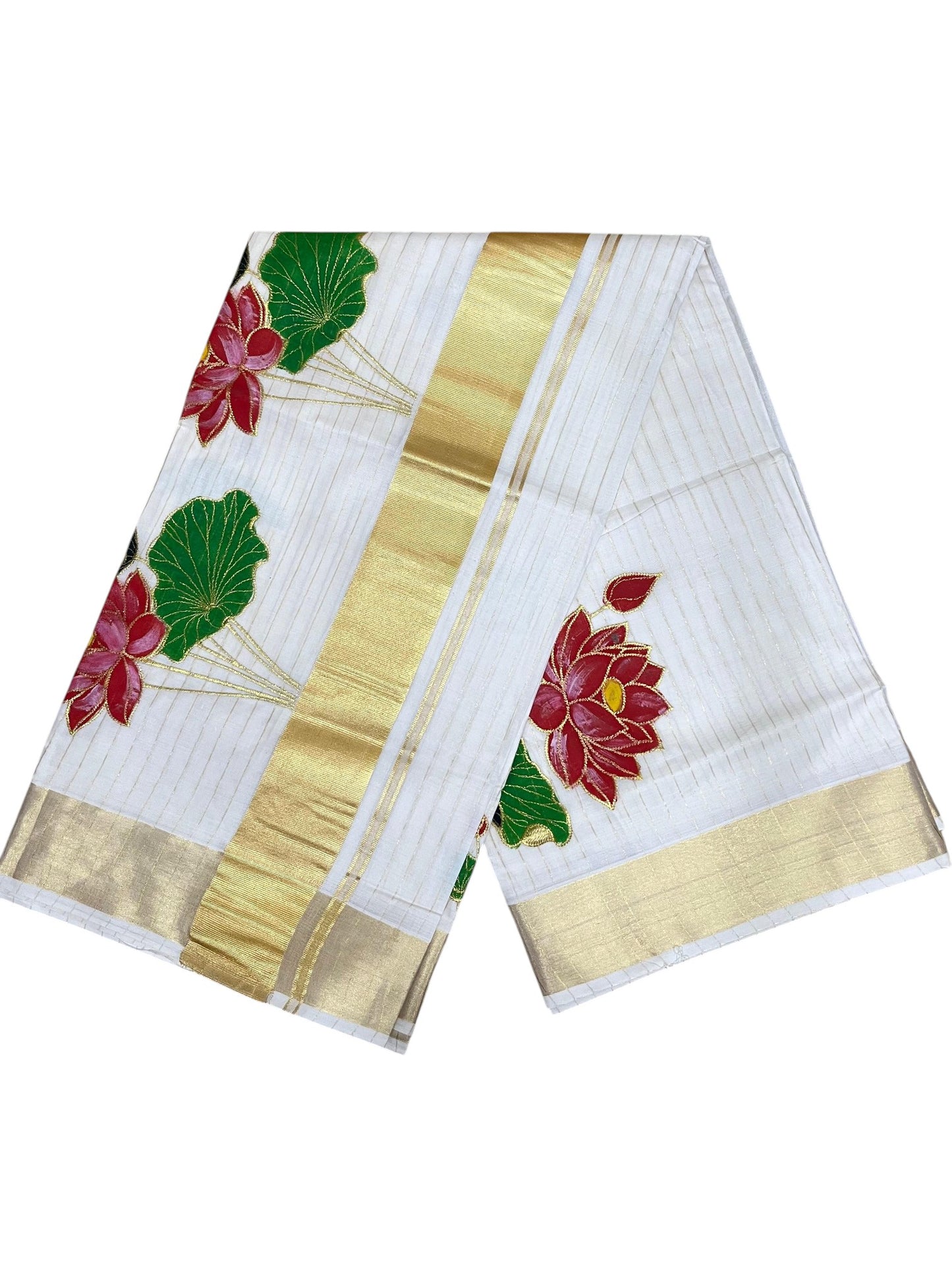 Southloom Cotton Kerala Kasavu Saree with Hand Painted Embroidery Lotus Design SL289