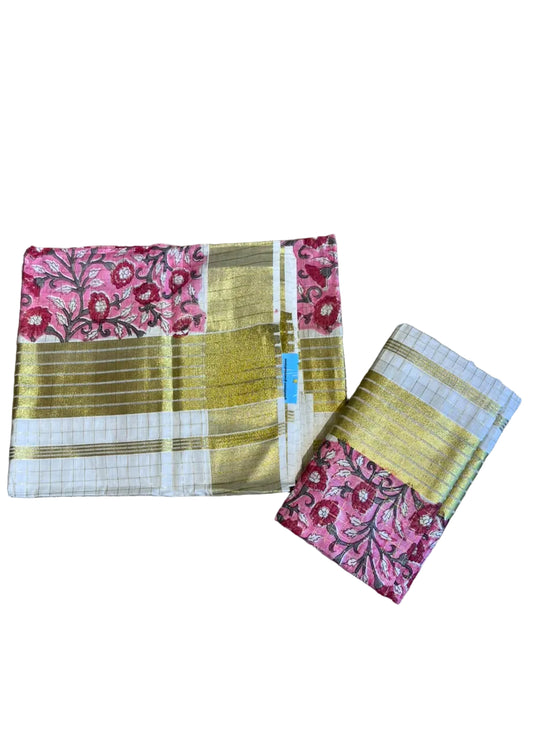 Southloom Kerala Check Pure Cotton Set Mundu with Gold Kasavu And Block Prints Across Body SL563