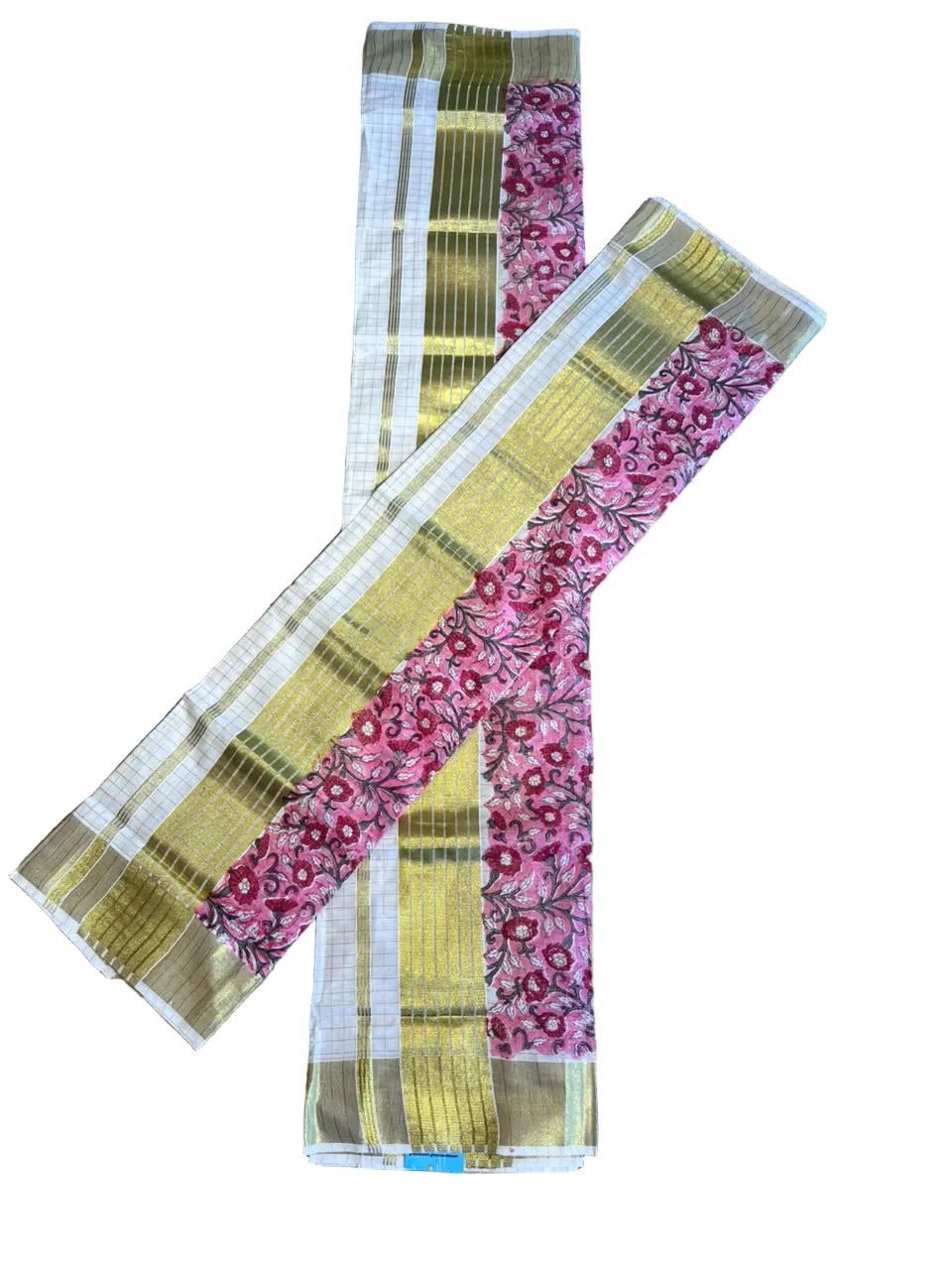 Southloom Kerala Check Pure Cotton Set Mundu with Gold Kasavu And Block Prints Across Body SL563
