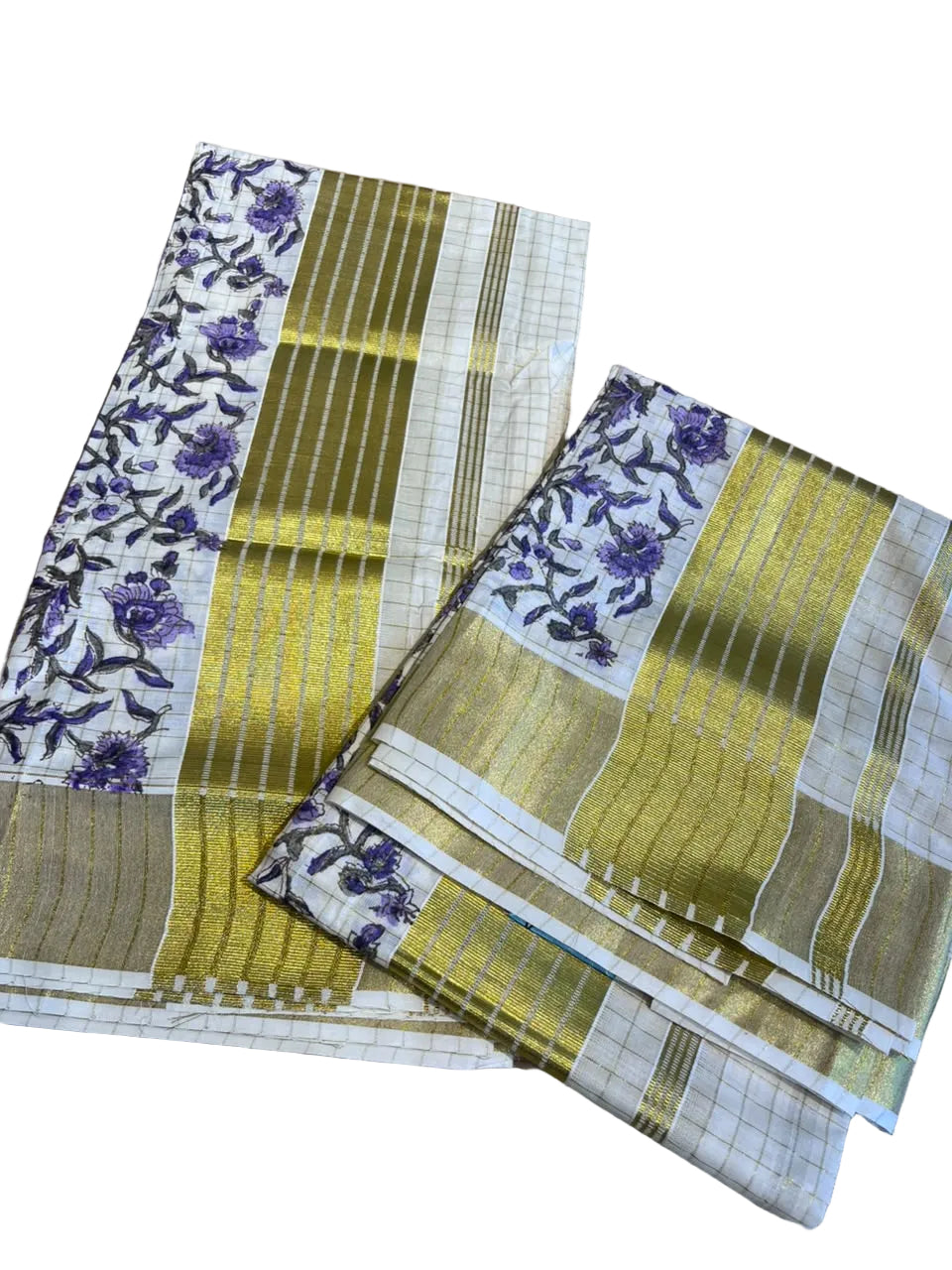 Southloom Kerala Check Pure Cotton Set Mundu with Gold Kasavu And Block Prints Across Body SL563