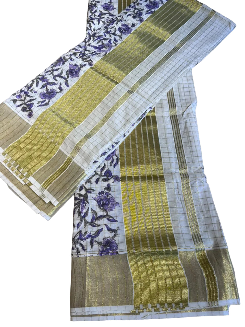 Southloom Kerala Check Pure Cotton Set Mundu with Gold Kasavu And Block Prints Across Body SL563