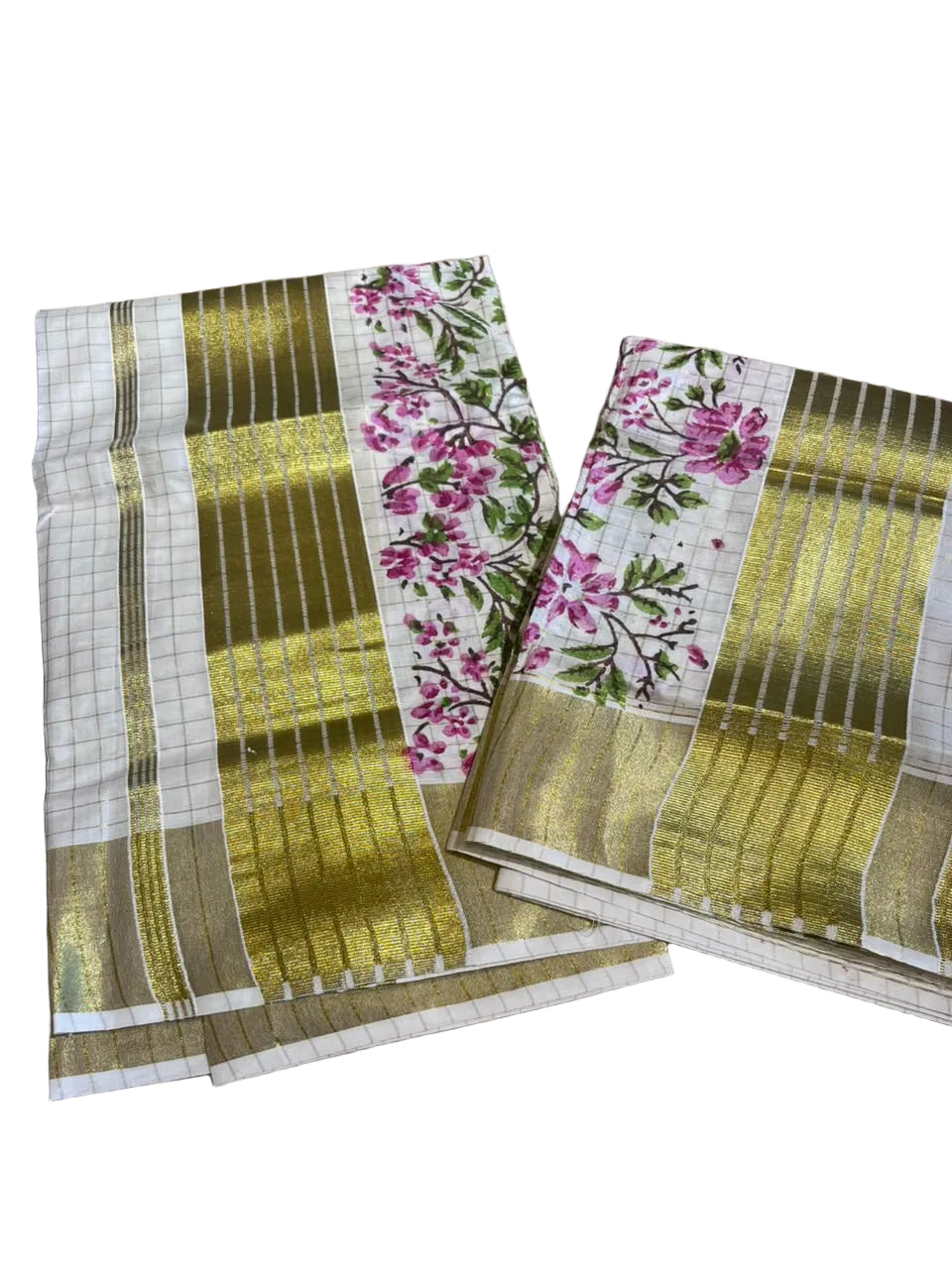 Southloom Kerala Check Pure Cotton Set Mundu with Gold Kasavu And Block Prints Across Body SL563
