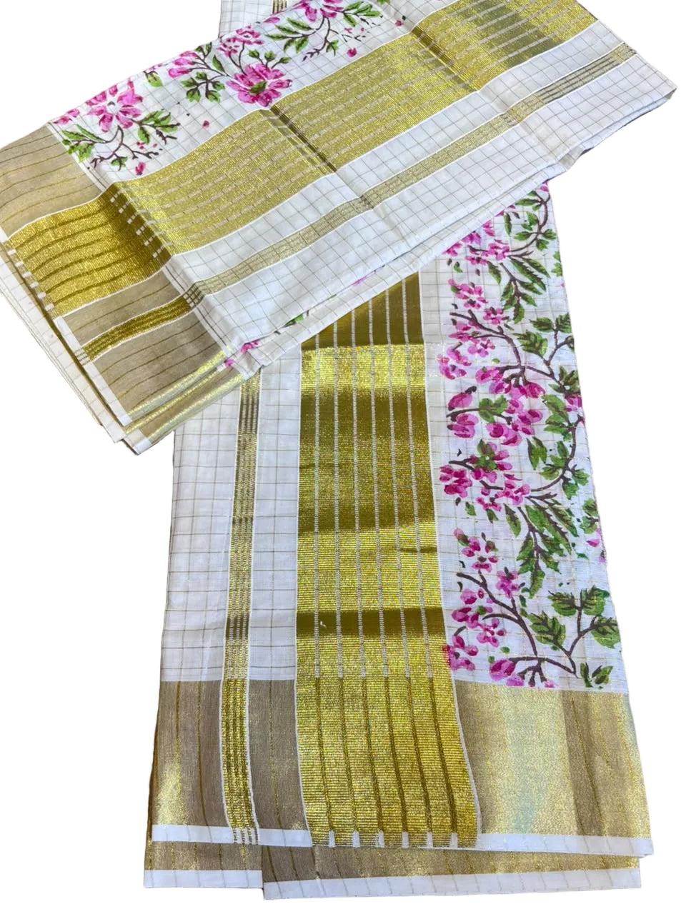Southloom Kerala Check Pure Cotton Set Mundu with Gold Kasavu And Block Prints Across Body SL563
