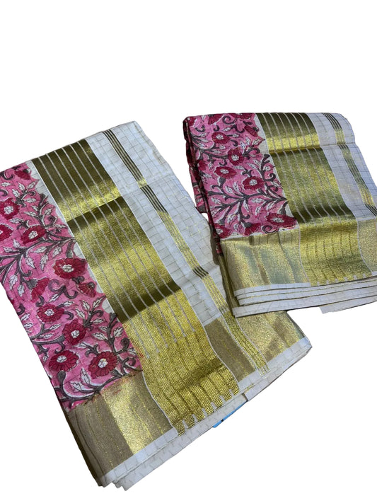 Southloom Kerala Check Pure Cotton Set Mundu with Gold Kasavu And Block Prints Across Body SL563