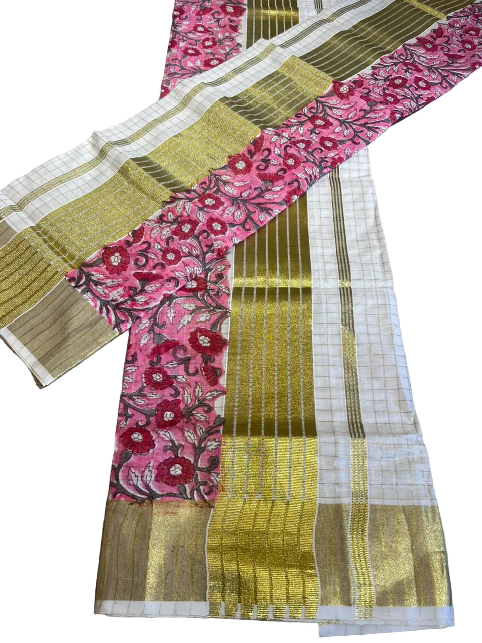 Southloom Kerala Check Pure Cotton Set Mundu with Gold Kasavu And Block Prints Across Body SL563