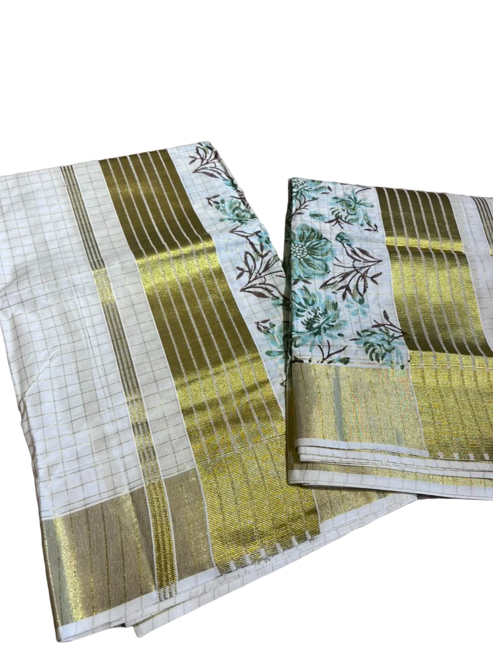 Southloom Kerala Check Pure Cotton Set Mundu with Gold Kasavu And Block Prints Across Body SL563
