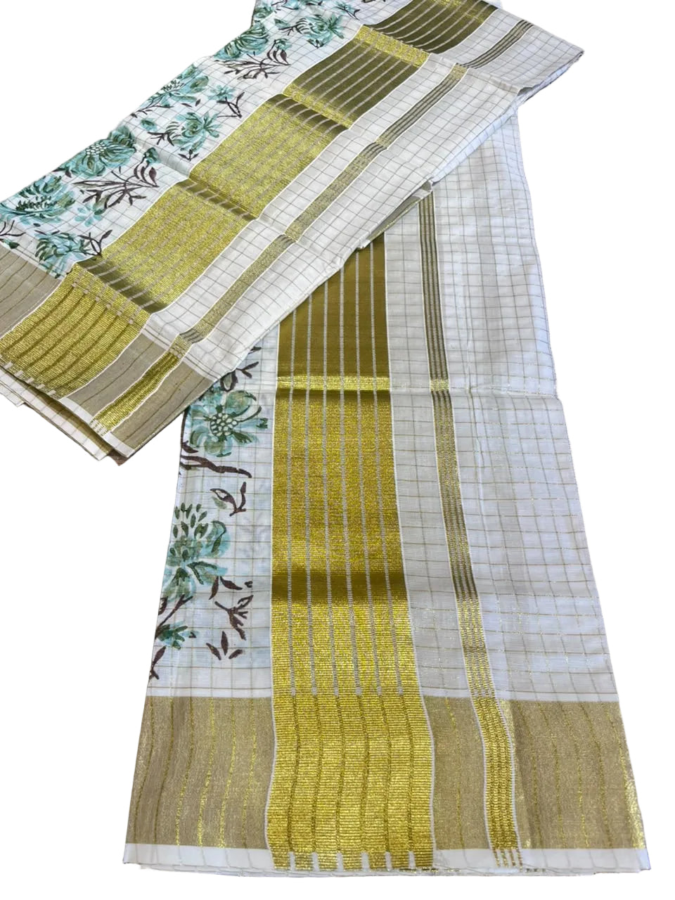 Southloom Kerala Check Pure Cotton Set Mundu with Gold Kasavu And Block Prints Across Body SL563