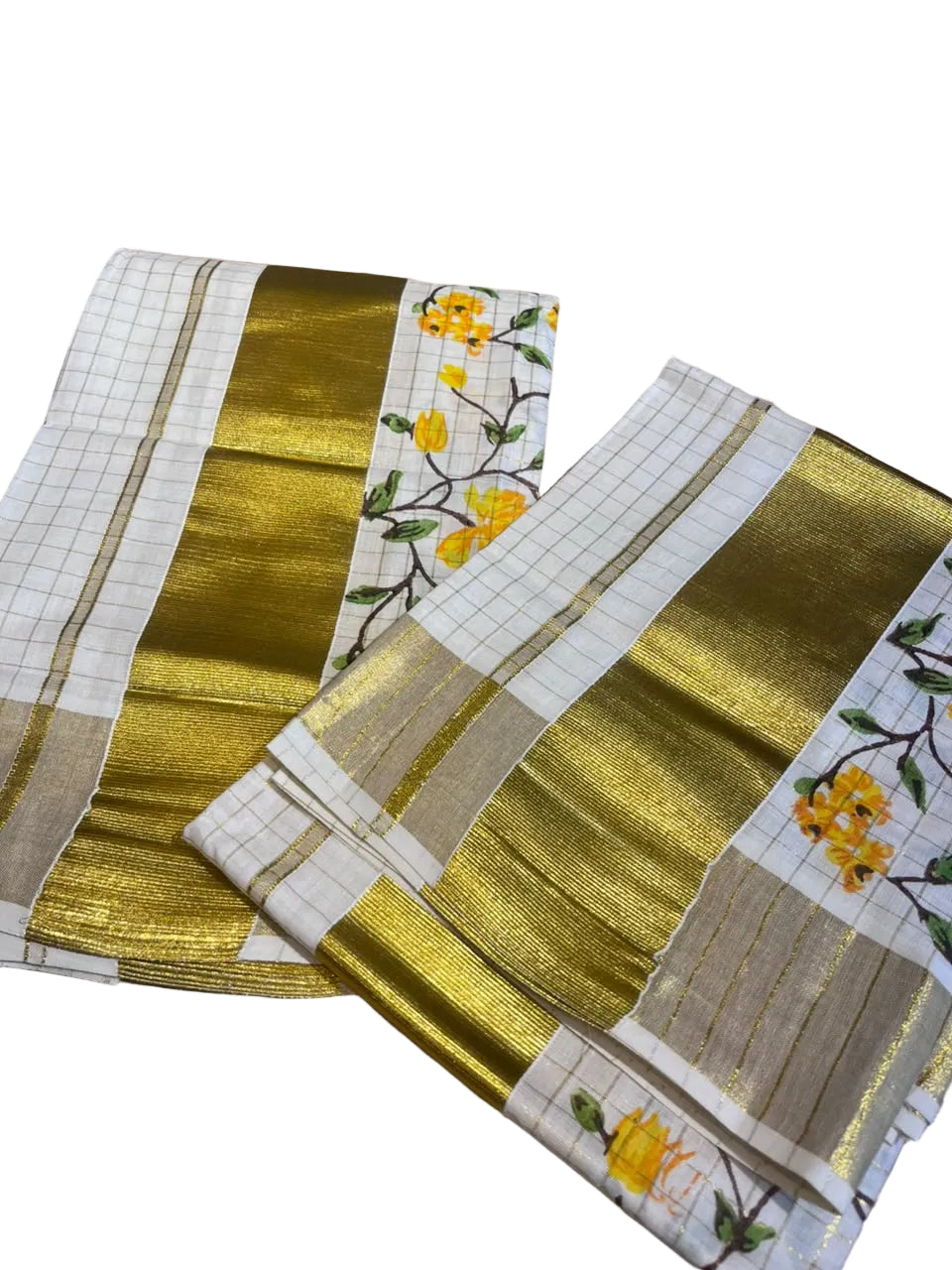 Southloom Kerala Check Pure Cotton Set Mundu with Gold Kasavu And Block Prints Across Body SL563