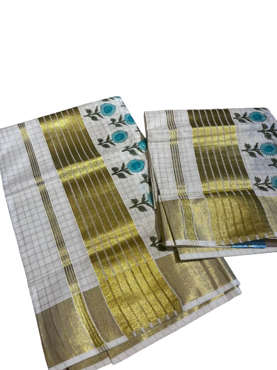Southloom Kerala Check Pure Cotton Set Mundu with Gold Kasavu And Block Prints Across Body SL563