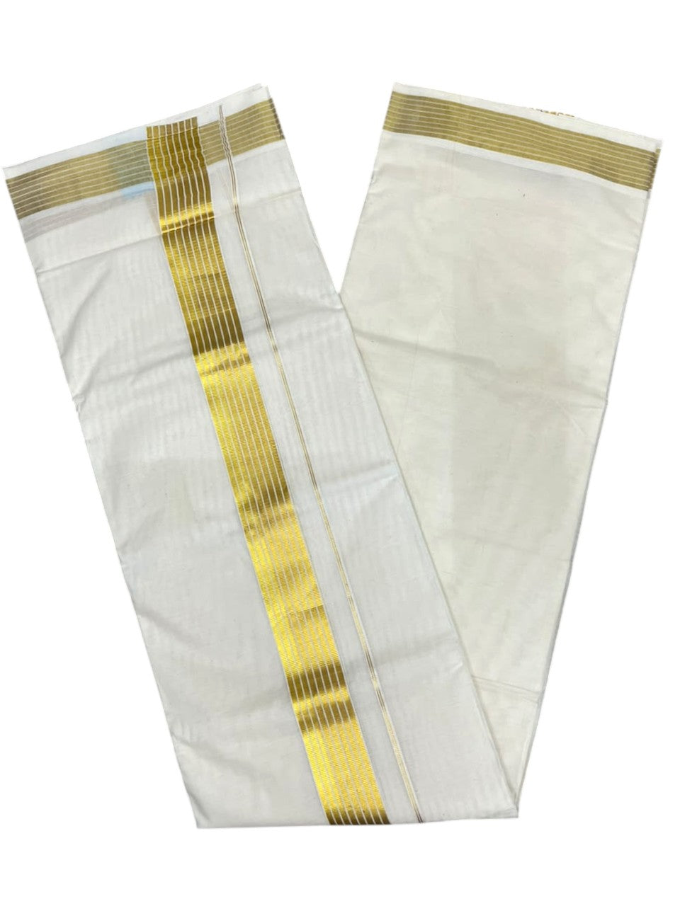 Southloom Kerala Pure Cotton Double Mundu with Gold  Kasavu Lines Border (South Indian Dhoti)
