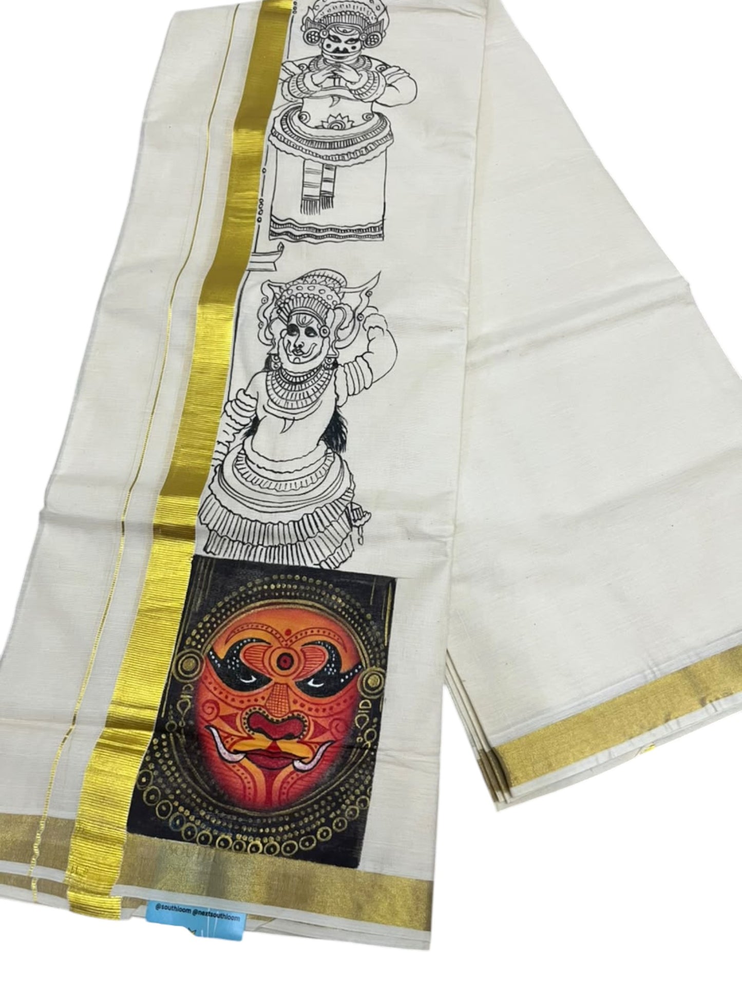 Southloom Pure Cotton Hand Painted Double Mundu (South Indian Kerala Dhoti)SL330