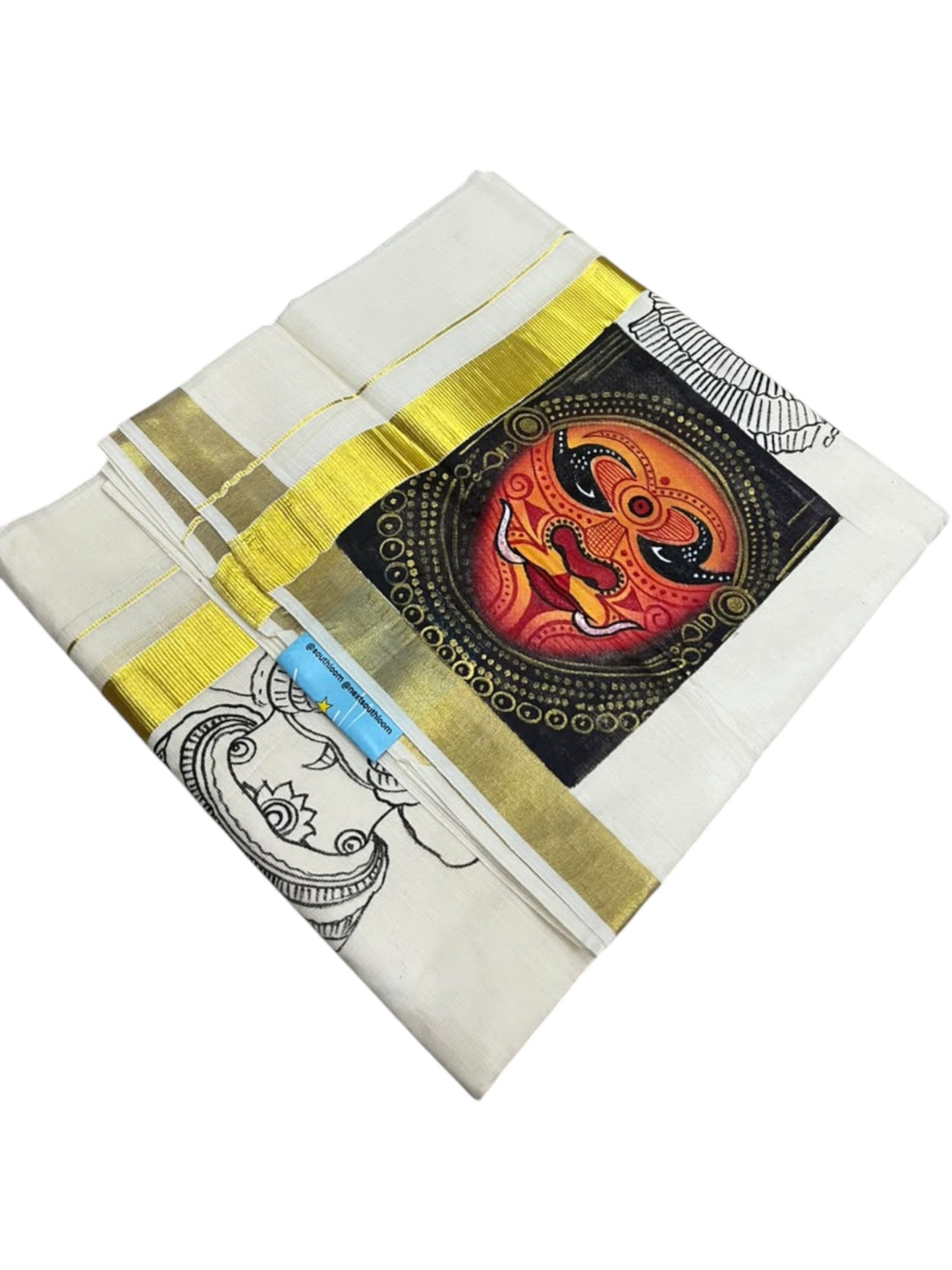 Southloom Pure Cotton Hand Painted Double Mundu (South Indian Kerala Dhoti)SL330
