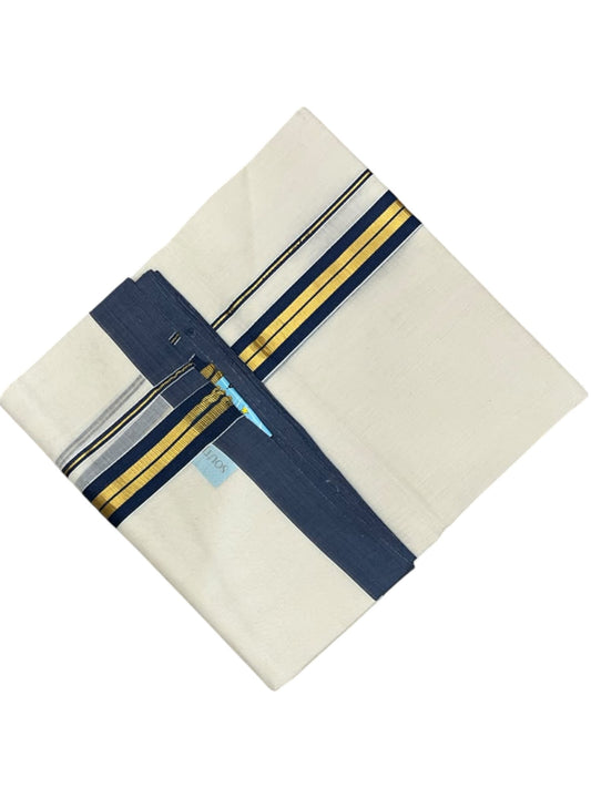 Southloom Balaramapuram Unakkupaavu Premium Handloom Cotton Double Mundu with Gold Kasavu and Blue Border