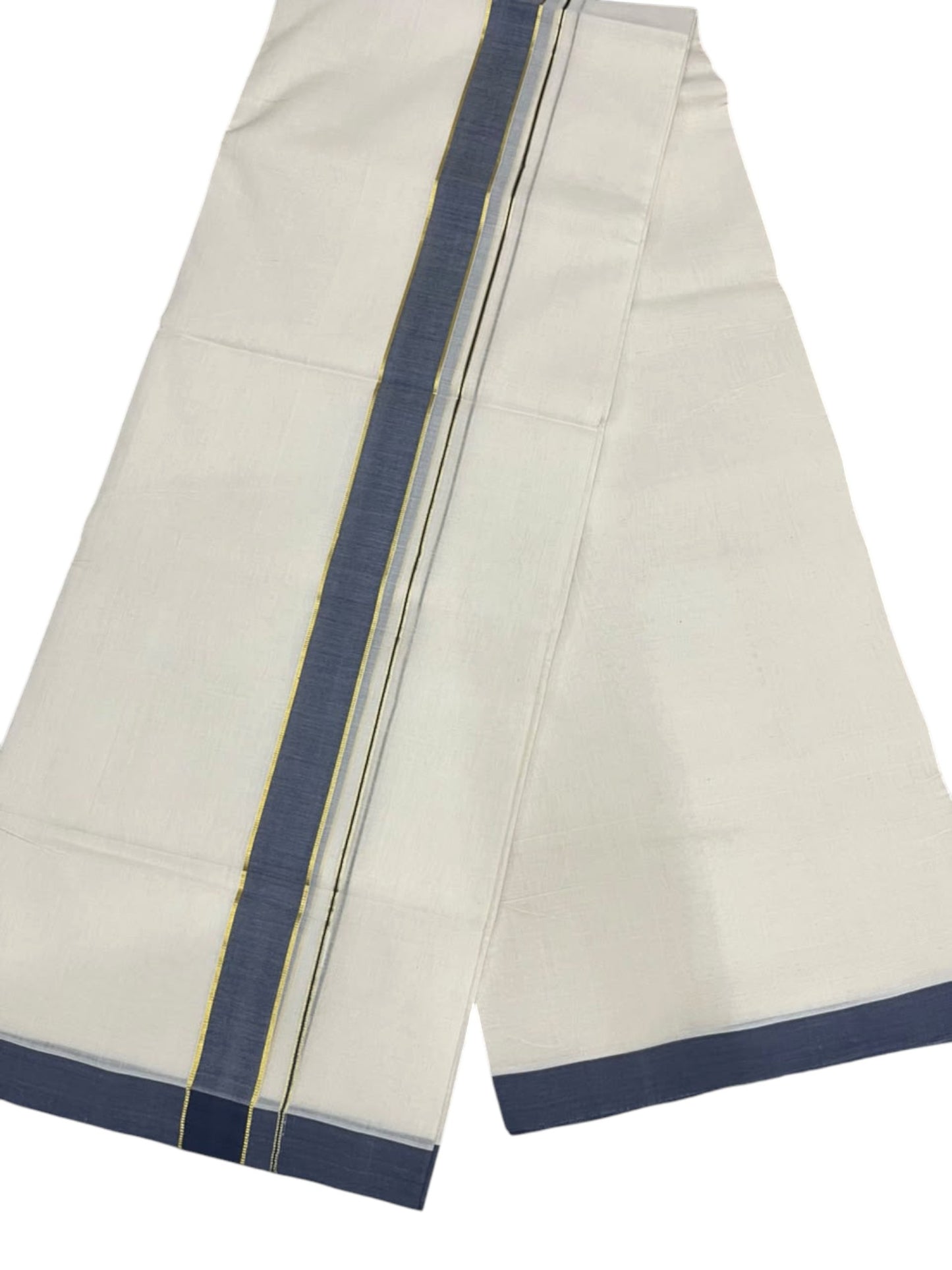 Southloom Balaramapuram Unakkupaavu Premium Handloom Cotton Double Mundu with Gold Kasavu and Blue Border