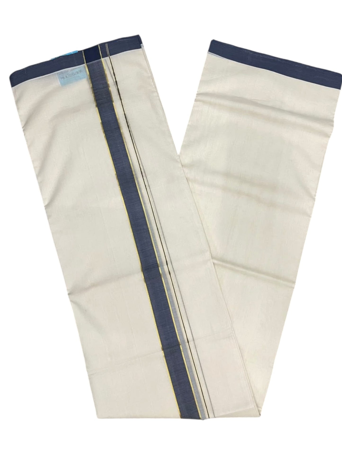 Southloom Balaramapuram Unakkupaavu Premium Handloom Cotton Double Mundu with Gold Kasavu and Blue Border