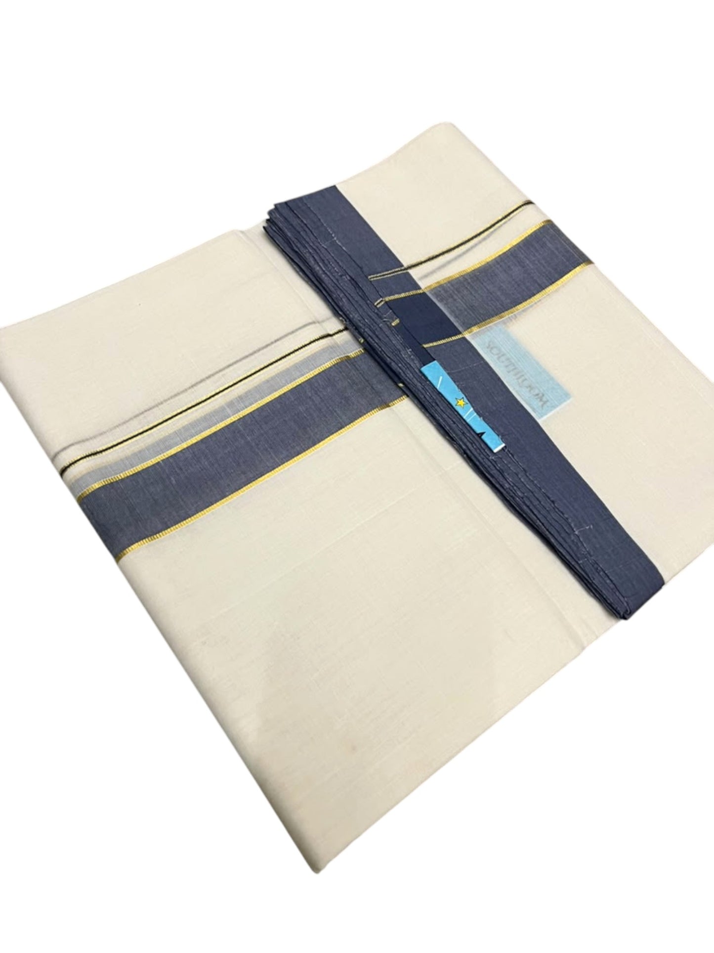 Southloom Balaramapuram Unakkupaavu Premium Handloom Cotton Double Mundu with Gold Kasavu and Blue Border
