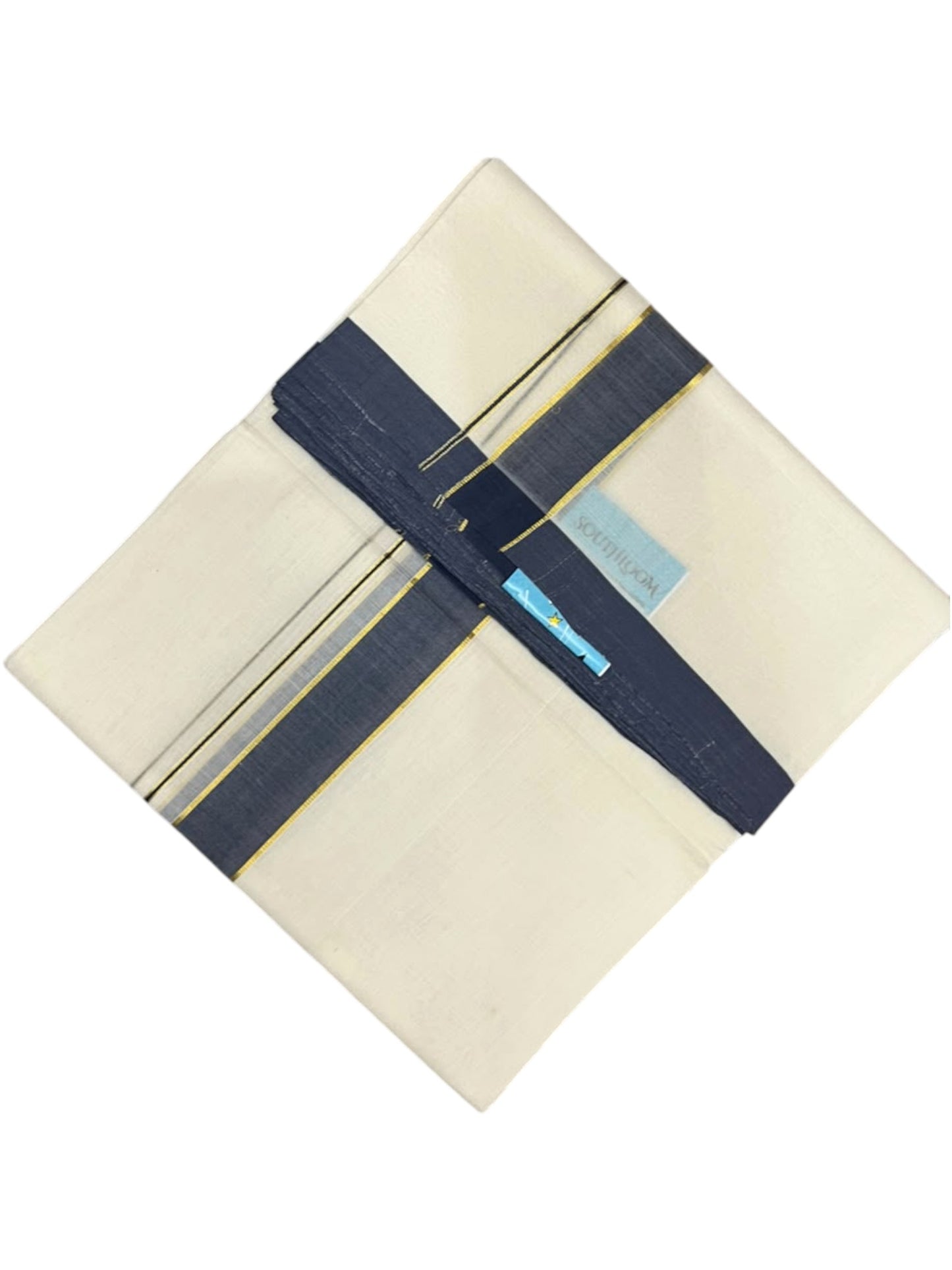 Southloom Balaramapuram Unakkupaavu Premium Handloom Cotton Double Mundu with Gold Kasavu and Blue Border