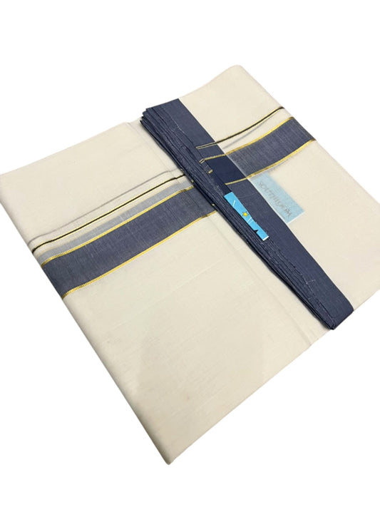 Southloom Balaramapuram Unakkupaavu Premium Handloom Cotton Double Mundu with Gold Kasavu and Blue Border