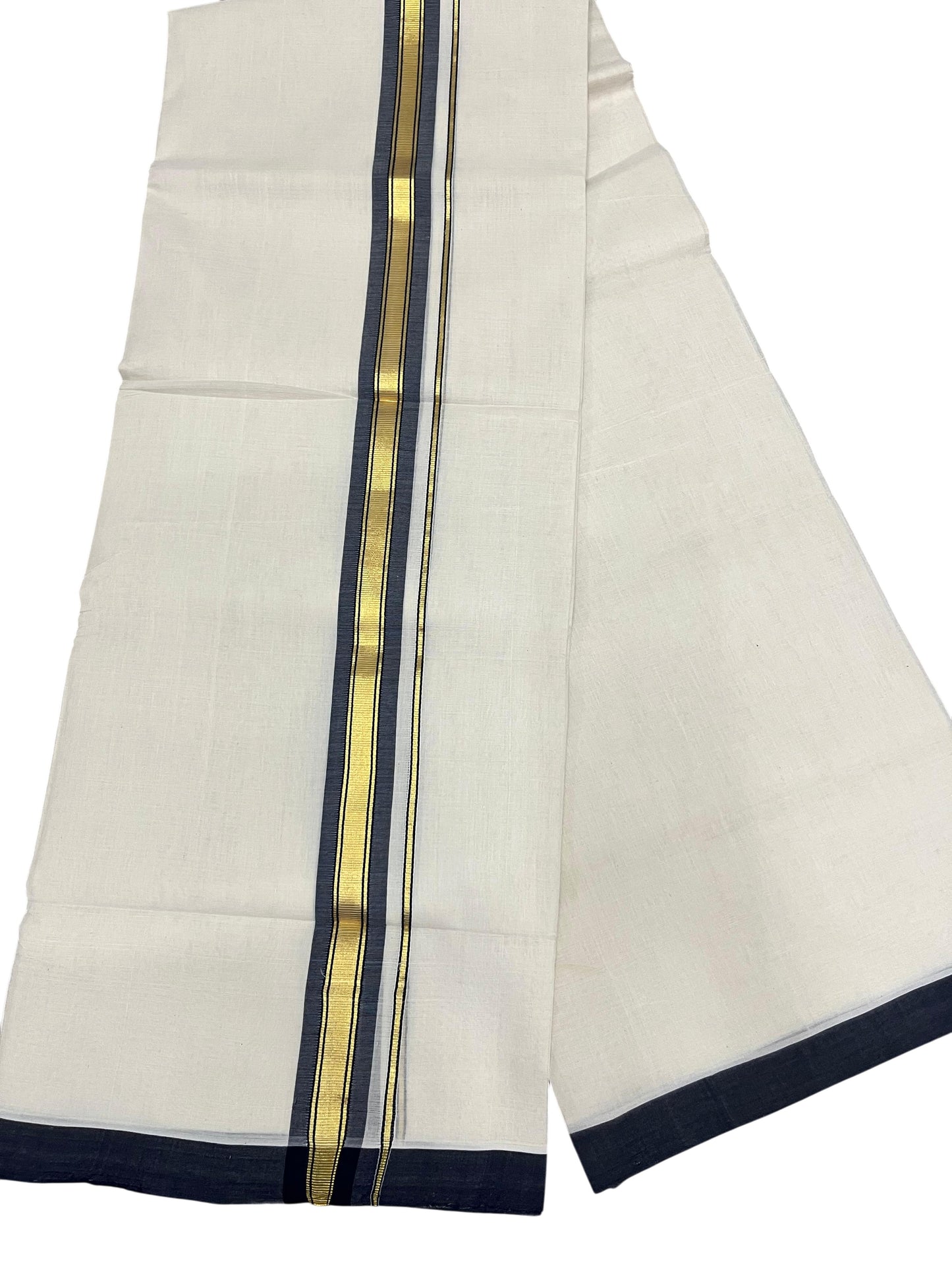Southloom Balaramapuram Unakkupaavu Premium Handloom Cotton Double Mundu with Gold Kasavu and Blue Border