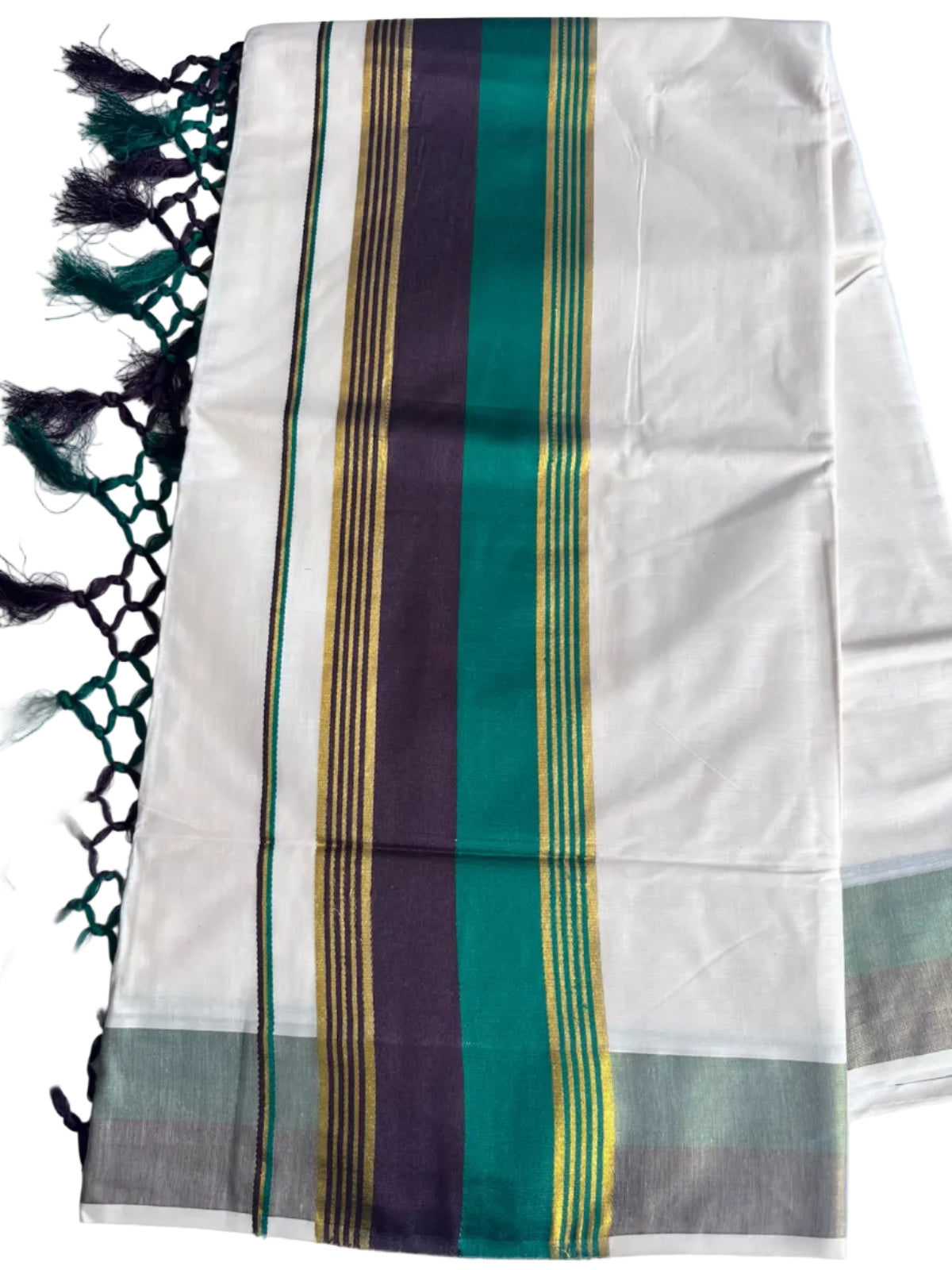 Kerala Cotton Kasavu Saree With Green And Dark Purple Borders SL499