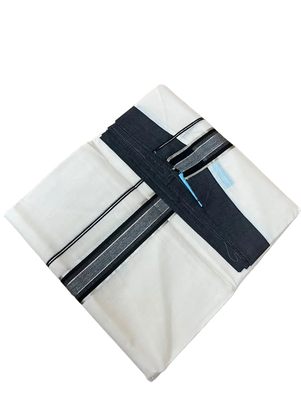 Southloom Pure Cotton Mundu with Silver Lines and Black Border (South Indian Kerala Dhoti)