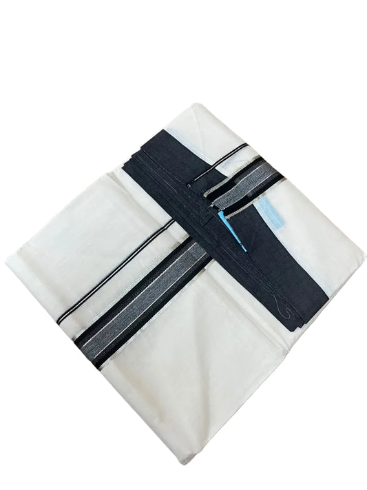 Southloom Pure Cotton Mundu with Silver Lines and Black Border (South Indian Kerala Dhoti)