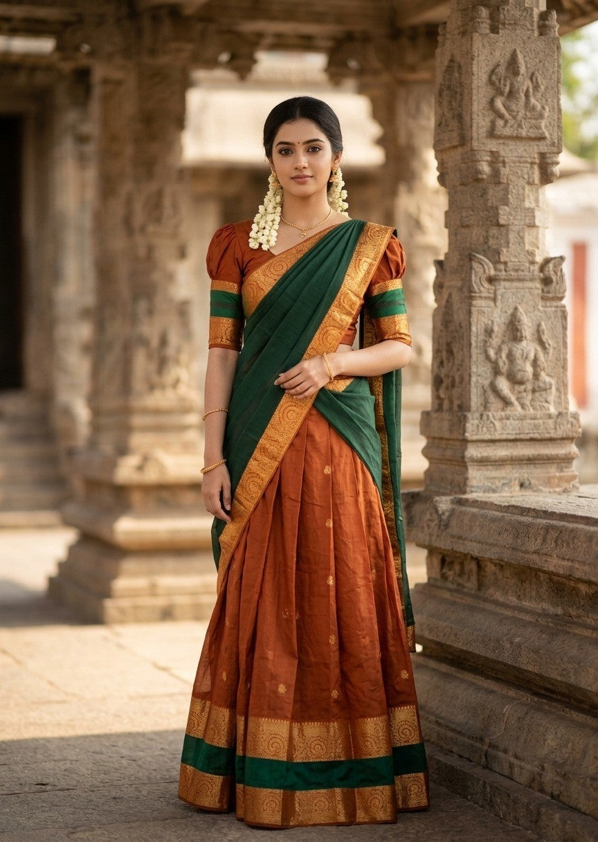 Kerala Southloom Semi UnStitched Kanchi Cotton Dhavani Set with Pavada and Blouse Piece SL585