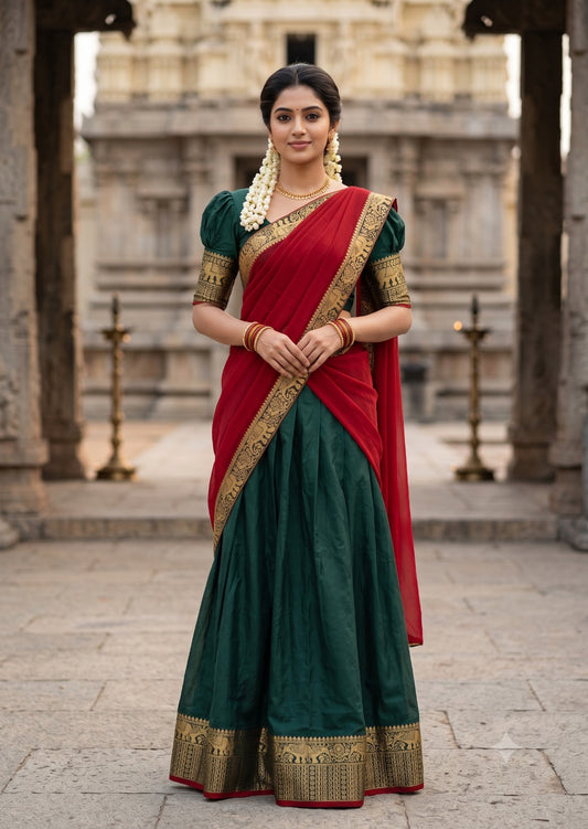 Southloom Semi Stitched Narayanpet Dhavani Set with Pavada and Green Blouse Piece SLDHAVANI SL541