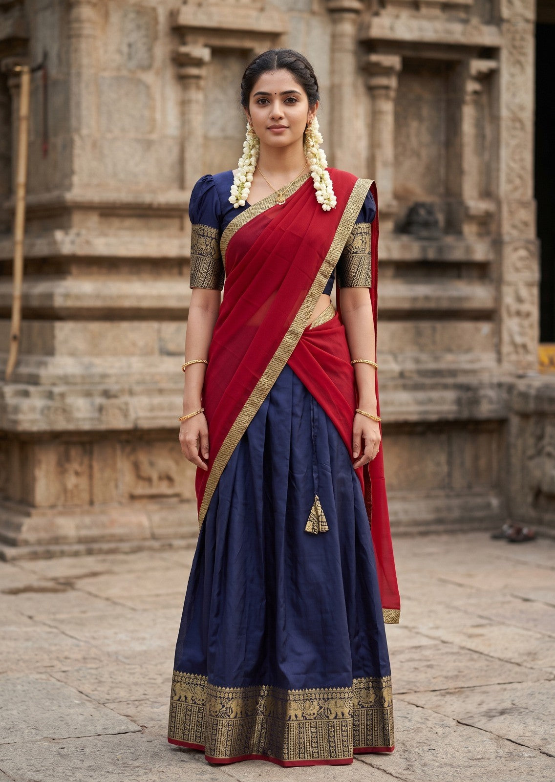 Southloom Semi Stitched Narayanpet Dhavani Set with Pavada and Blue Blouse Piece SLDHAVANI SL541