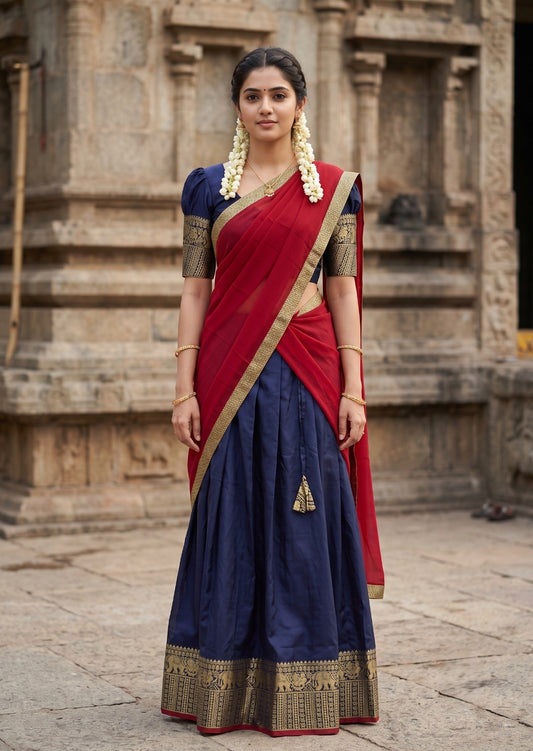Southloom Semi Stitched Narayanpet Dhavani Set with Pavada and Blue Blouse Piece SLDHAVANI SL541