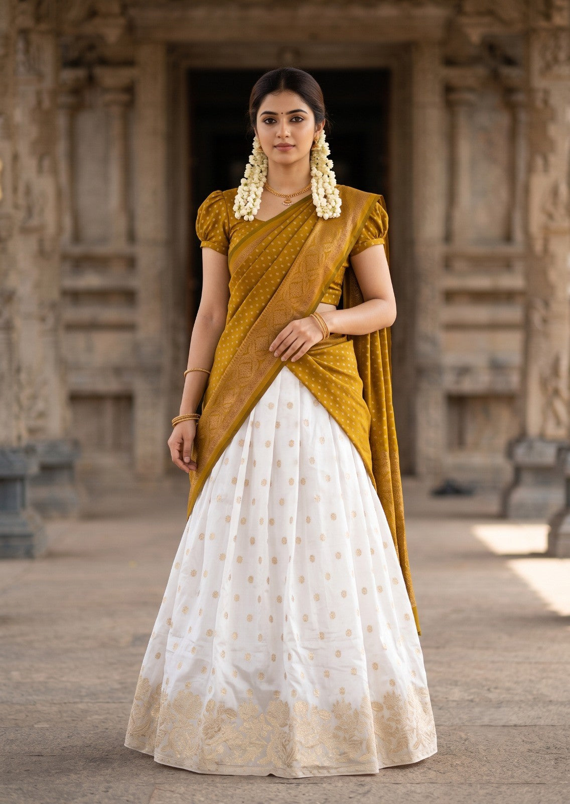 Southloom Semi UnStitched Dhavani Set with Pavada and Blouse Mustard Yellow Piece SL584