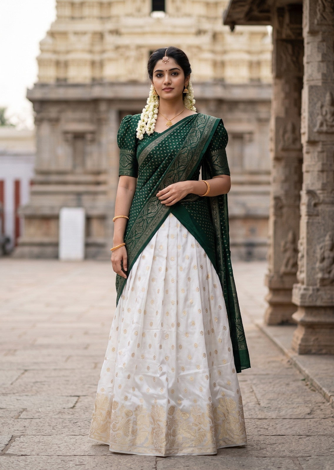 Southloom Semi UnStitched Dhavani Set with Pavada and Blouse Green Piece SL584