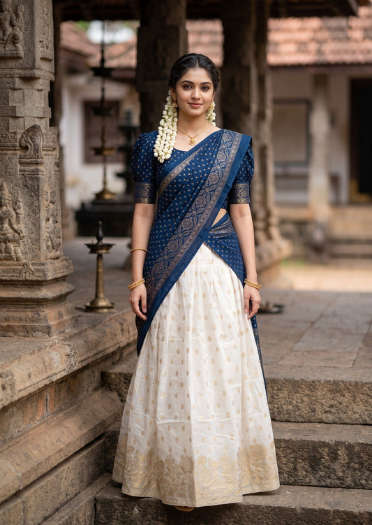 Southloom Semi UnStitched Dhavani Set with Pavada and Blouse Piece In Blue SL584