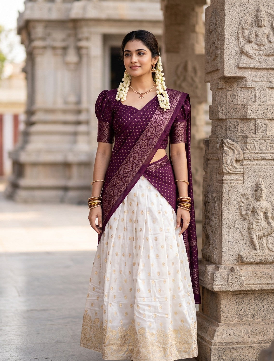 Southloom Semi UnStitched Dhavani Set with Pavada and Blouse Purple Piece SL584