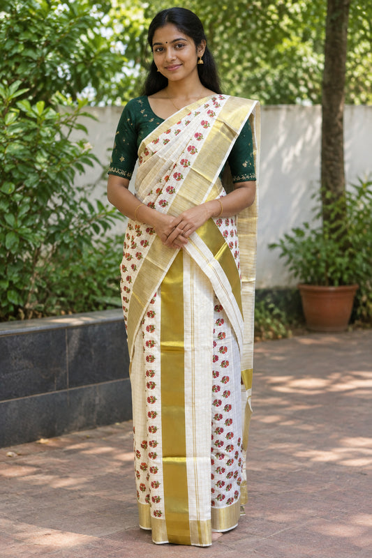 Southloom Kerala Check Pure Cotton Set Mundu with Gold Kasavu And Block Prints Across Body SL563