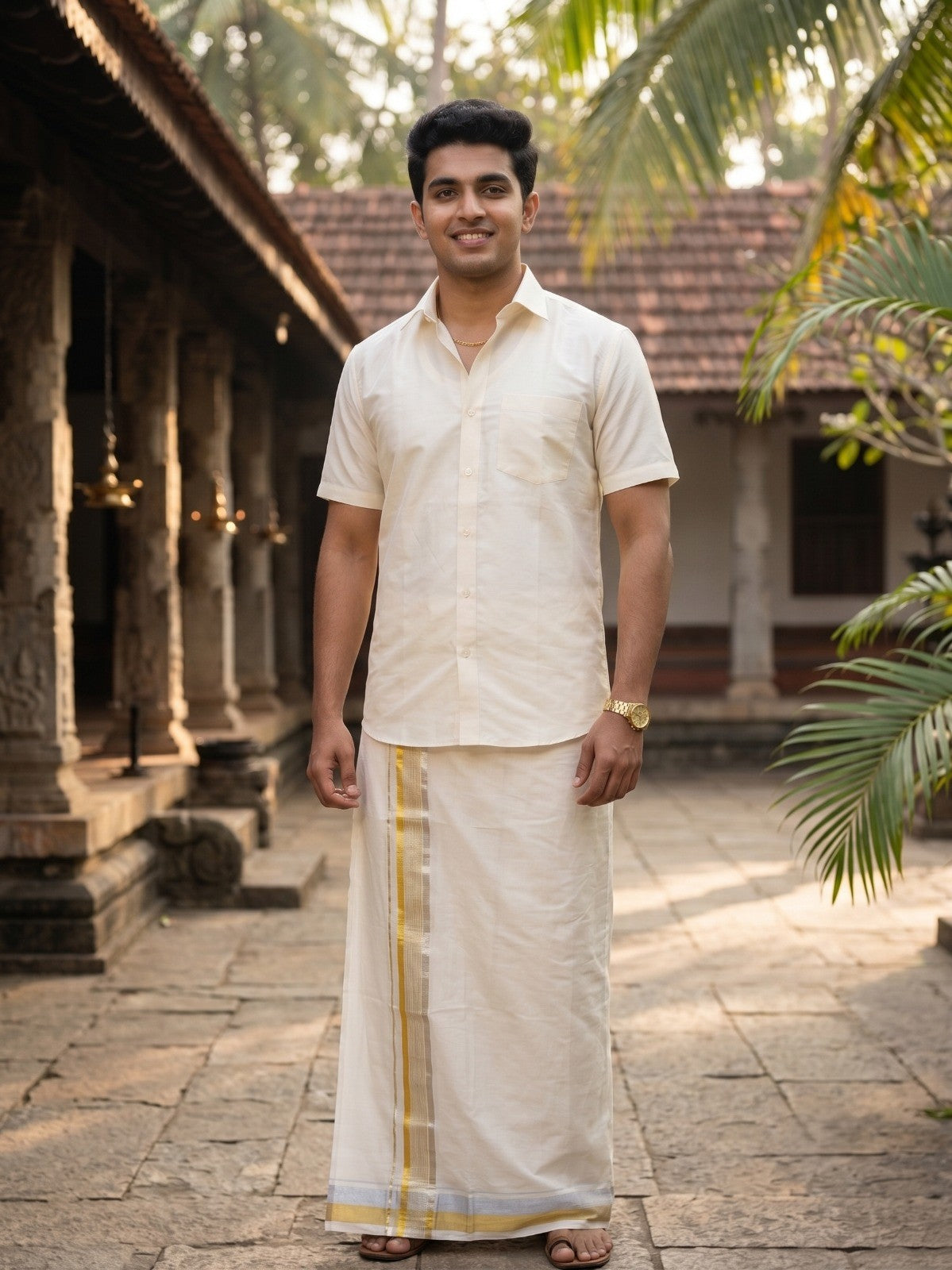 Southloom Pure Cotton Kasavu Mundu with Golden& Silver Lines (South Indian Kerala Dhoti)