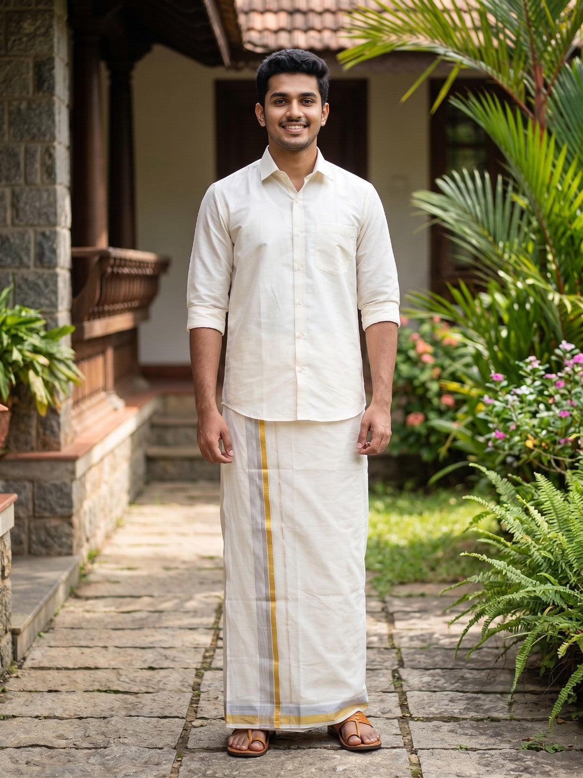 Southloom Pure Cotton Kasavu Mundu with Golden& Silver Lines (South Indian Kerala Dhoti)