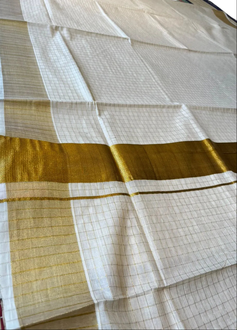 Kerala Cotton Kasavu Saree with Check Design