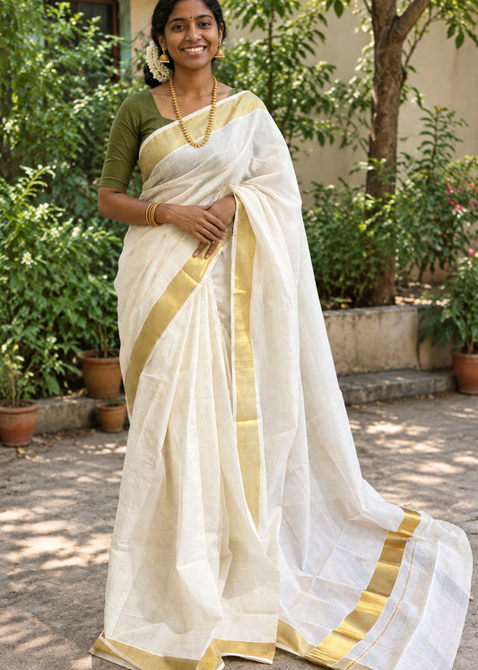 Kerala Cotton Kasavu Saree with Check Design