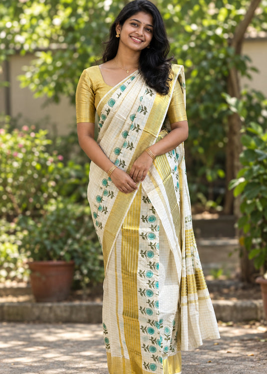 Southloom Kerala Check Pure Cotton Set Mundu with Gold Kasavu And Block Prints Across Body SL563