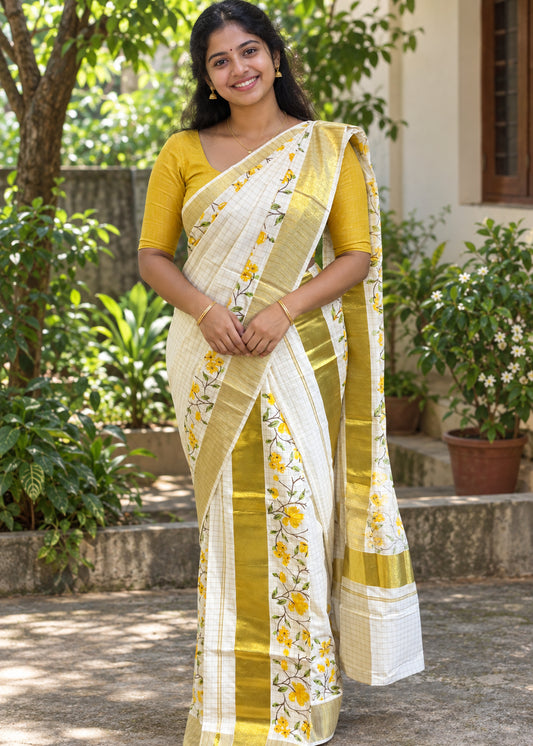 Southloom Kerala Check Pure Cotton Set Mundu with Gold Kasavu And Block Prints Across Body SL563