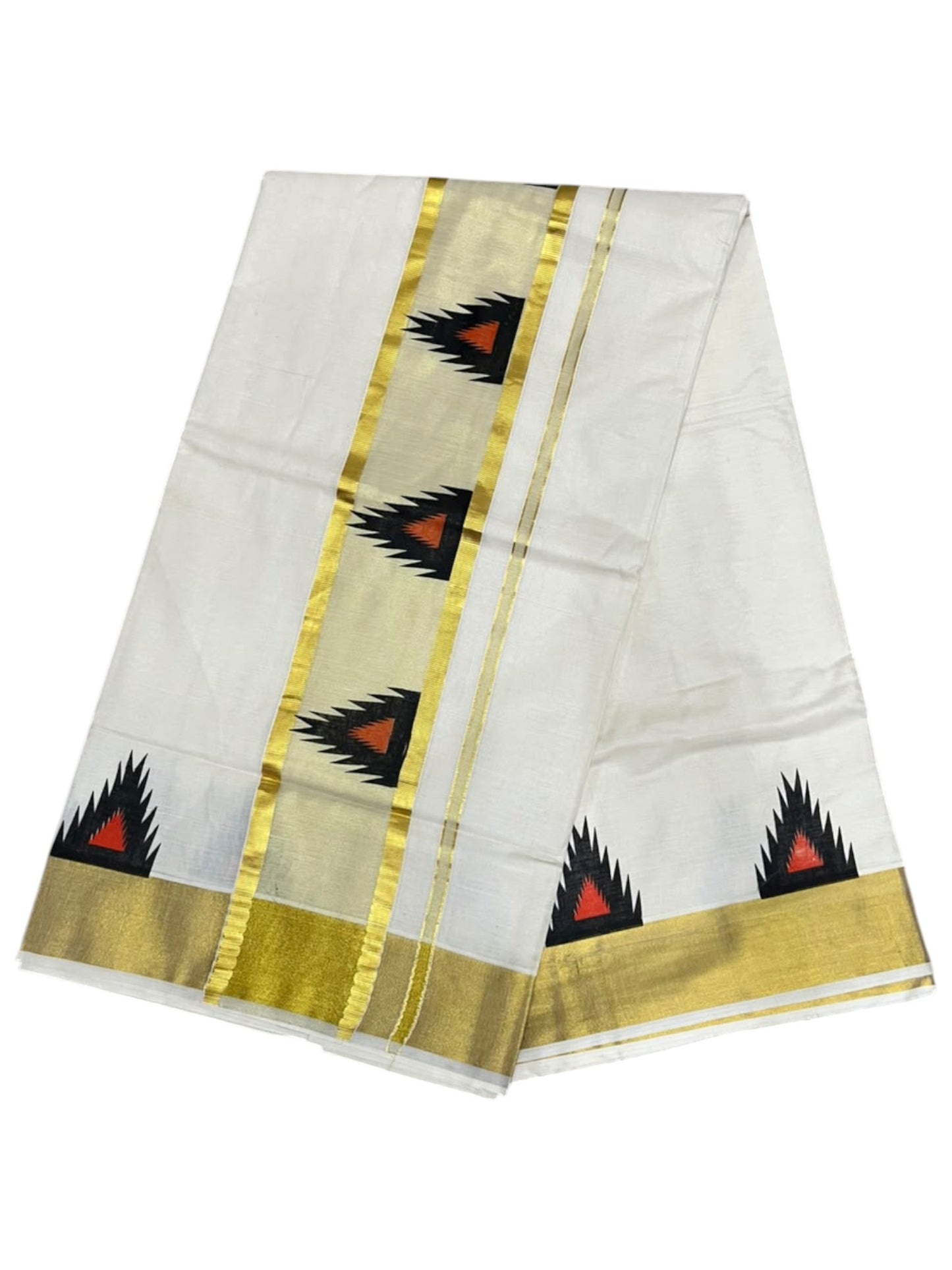 Southloom Cotton Kerala Kasavu Saree with Temple Digital Print In Black and Orange  With  Borders  SL369